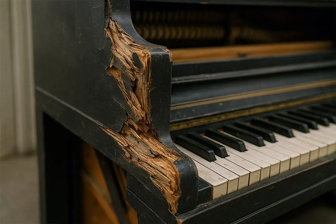 Two people struggling to lift an upright piano without the right equipment